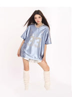 Retro V-neck Splicing Letter Print Short-sleeve