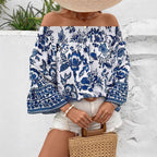 Women's Off-shoulder Shoulder-baring Floral Print T-shirt Top