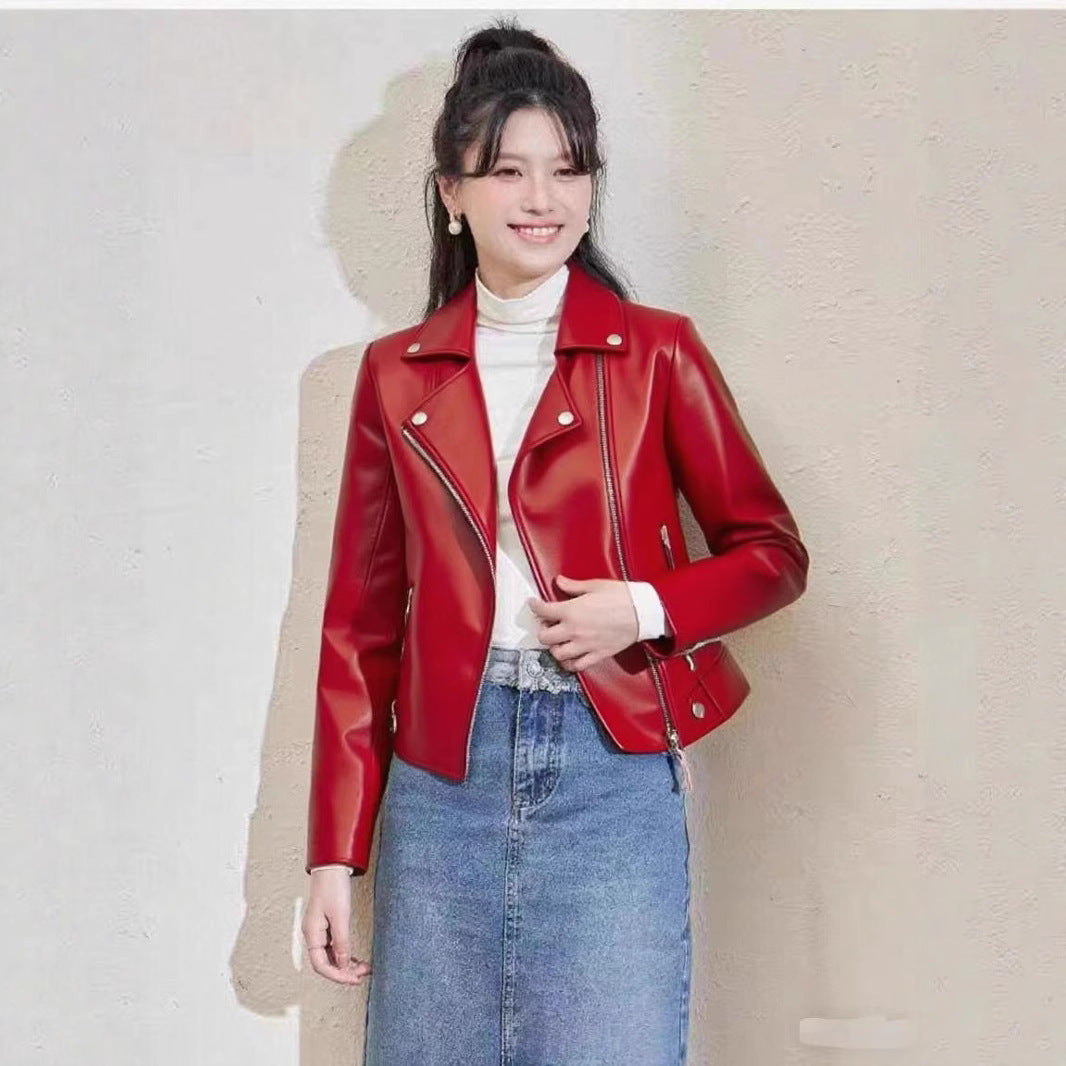 Women's Pu Motorcycle Leather Short Korean Slim Fit Plus Size