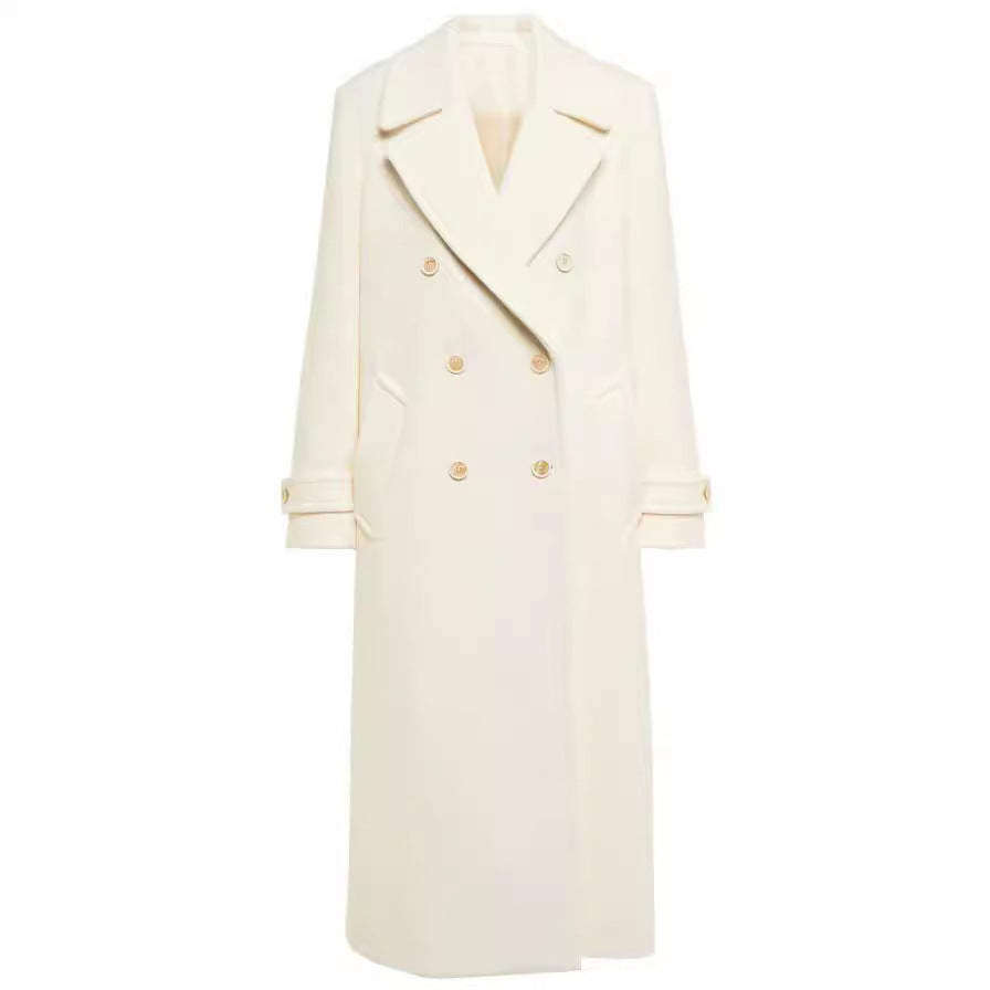 Lapel Double Breasted Elegant Mid-length Women's White Coat Elegant Overcoat
