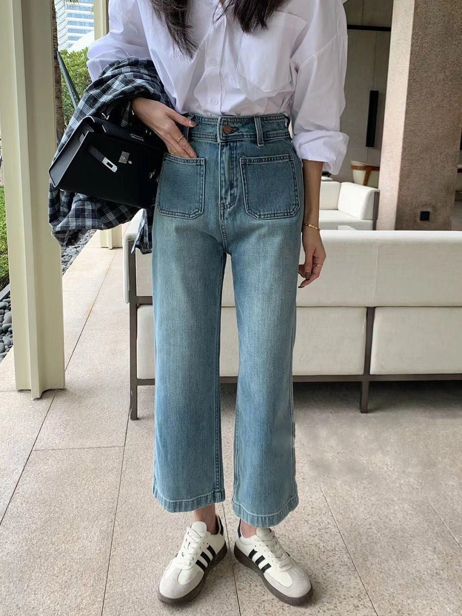 Light Blue Wide-leg Jeans For Women High Waist Loose Slimming Petite Nine-point Straight