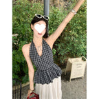 Retro Plaid V-neck Lace-up Halter Sleeveless Shirt