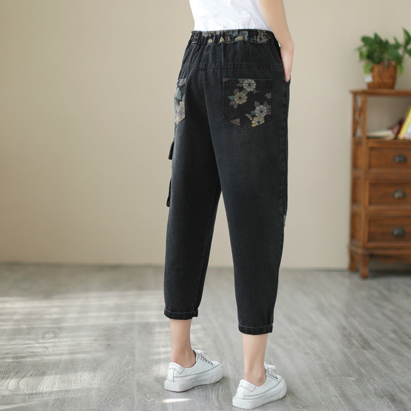 Ladies Vintage High Waist Casual Loose Printed Jeans