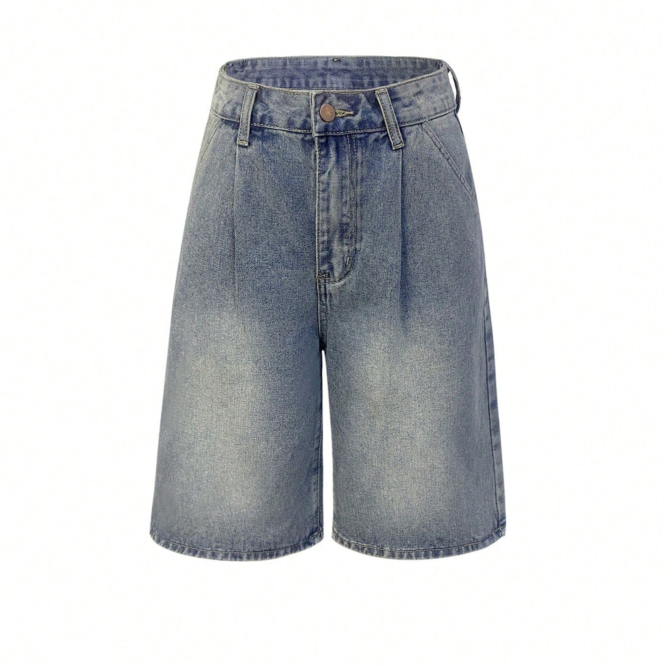 Retro Pleated Wide Leg Straight Denim Shorts Without Belt
