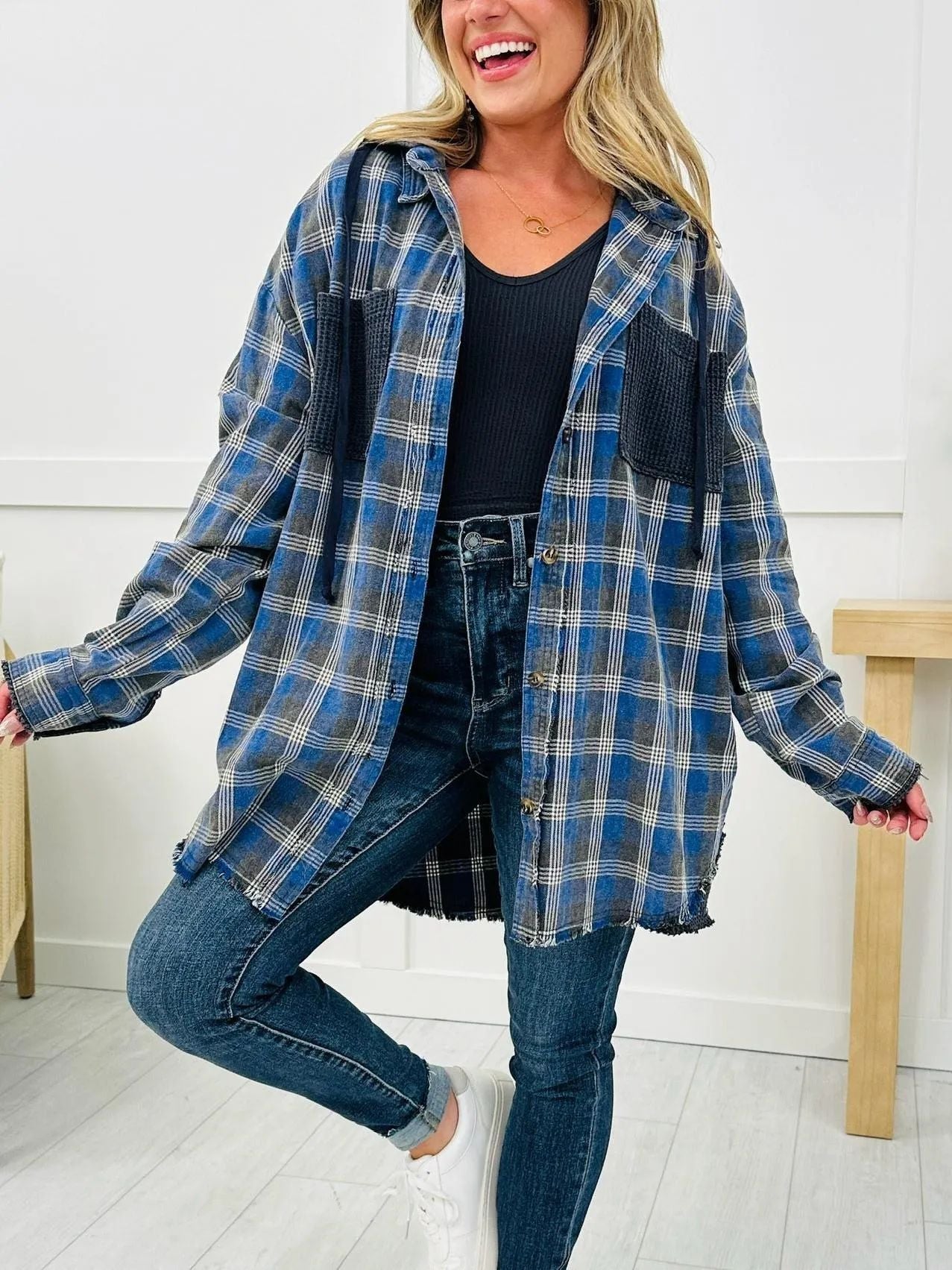 Casual Fashion Waffle Stitching Plaid Hooded Shirt