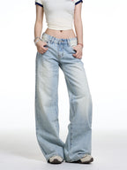 American Retro Washed Wide Leg Jeans Women's Low Waist Loose Straight