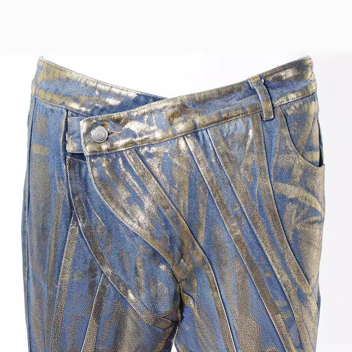 Gilding Jeans Slant Buckle Waist Stitching Strip Brush Silver Powder Craft