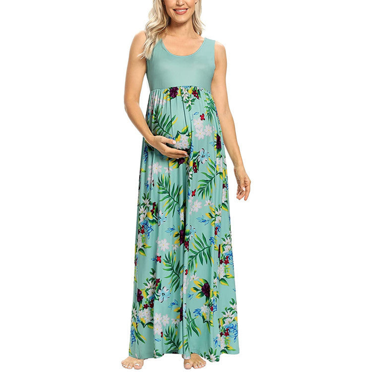 Fashion Print Stitching Round Neck Maternity Dress