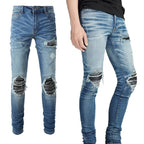 Leather Patching, Slimming, Worn-out Washed Jeans For Men