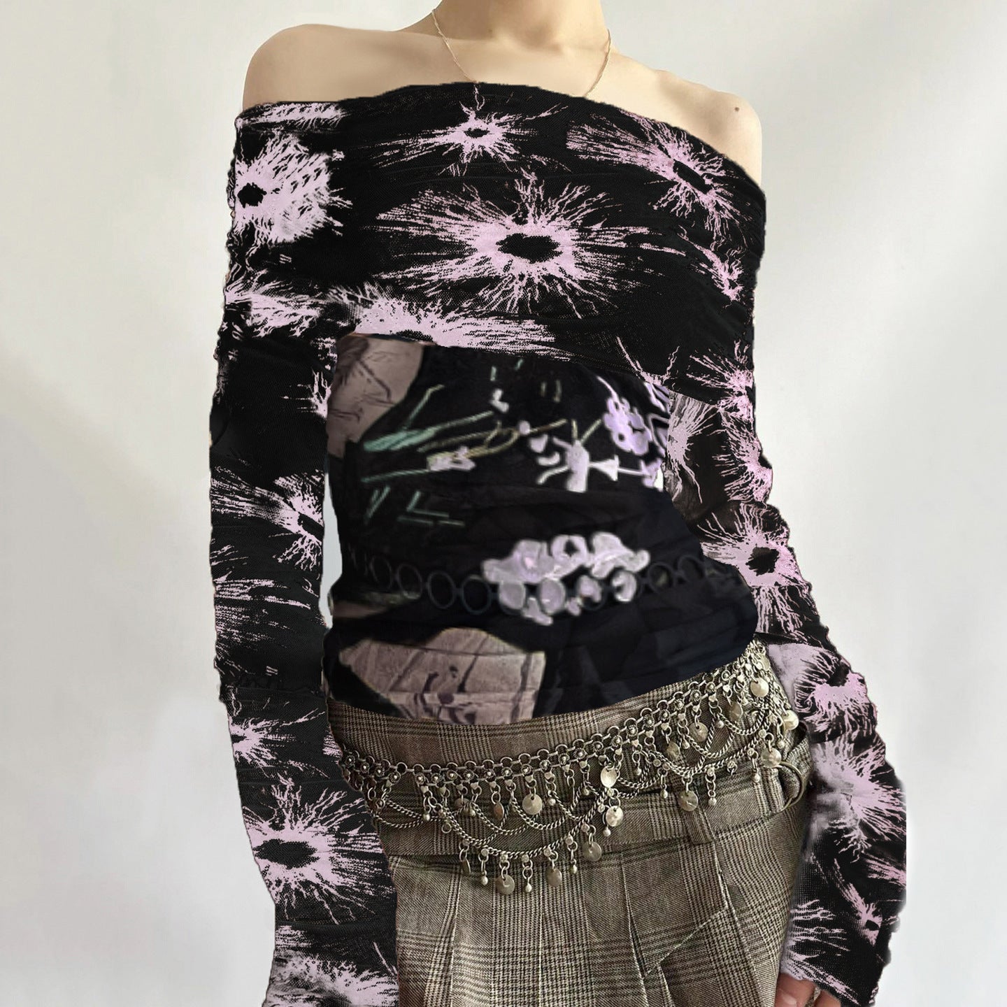 T-shirt Shoulder Personality Slim Fit Hot Girl Long Sleeve